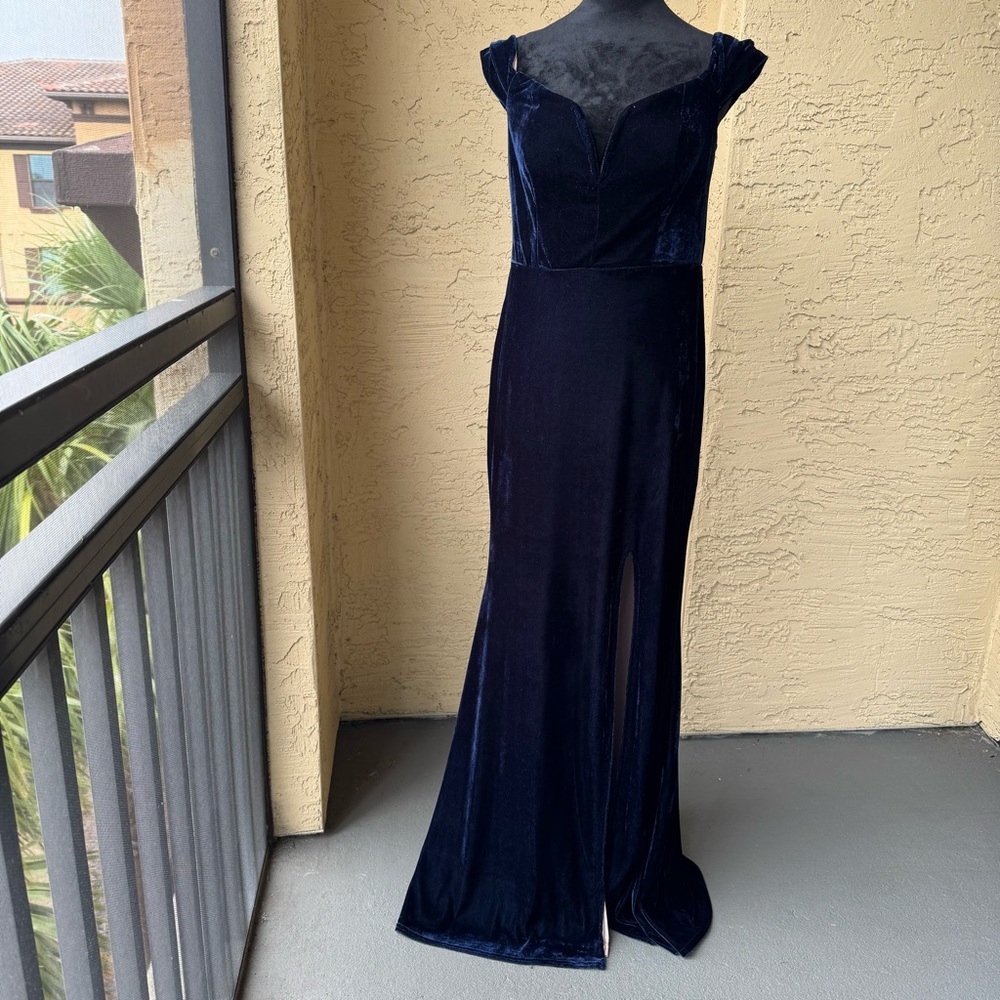 City Vibe Juniors Blue Velvet High Slit Gown Dress 11 - Picture 2 of 15